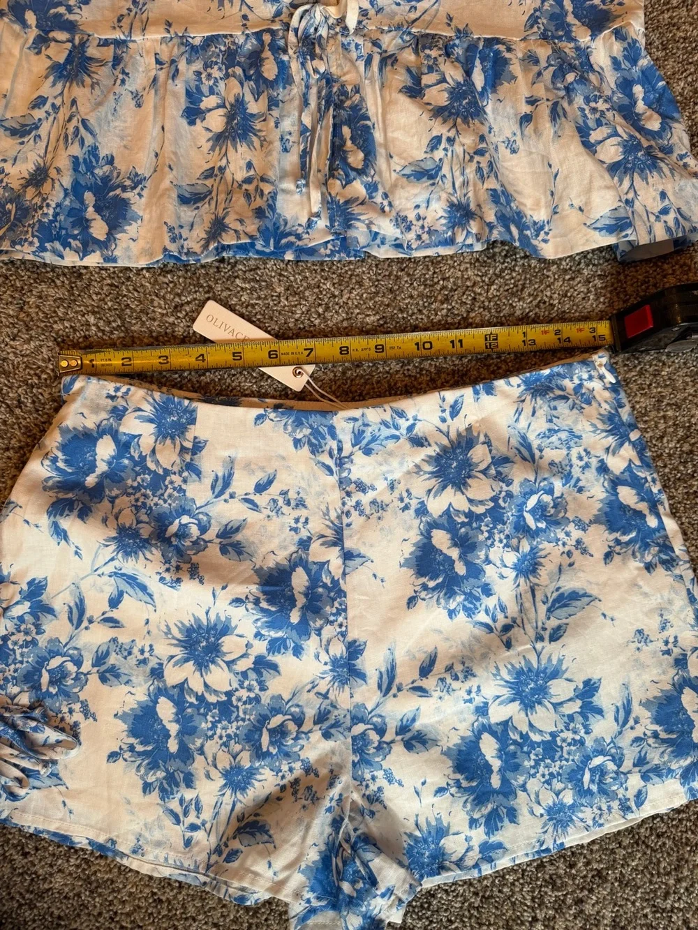 NWT Olivaceous Blue and White Floral Two-Piece Set Top & Shorts Sz L 100% Cotton - Picture 12 of 16
